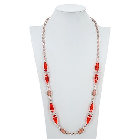 Vtg Hand Knotted Pink & Orange Czech Glass Beaded Necklace