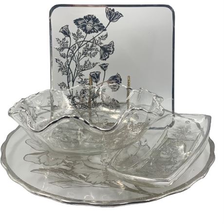 Clear Glass and Silver Trim Serving Dish Lot of 4