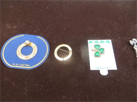 24KT GOLD PLATE PIN, GOLD TONE PIN, SHAMROCK & PALMS PINS