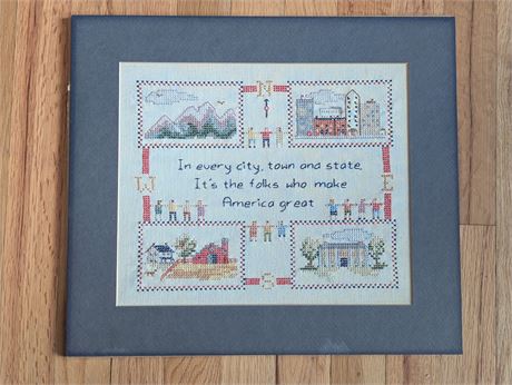 Vtg "In every city, town and state it's the folks who make America" Cross-stitch