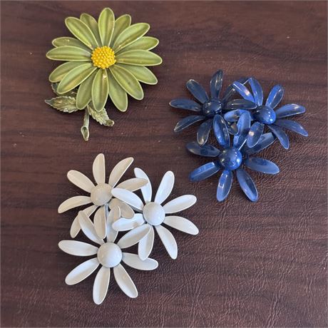 Green, Blue & White Vintage Enameled Flower Brooches