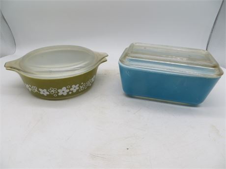VINTAGE PYREX "SPRING BLOSSOM" & BLUE REFRIGERATOR DISHES