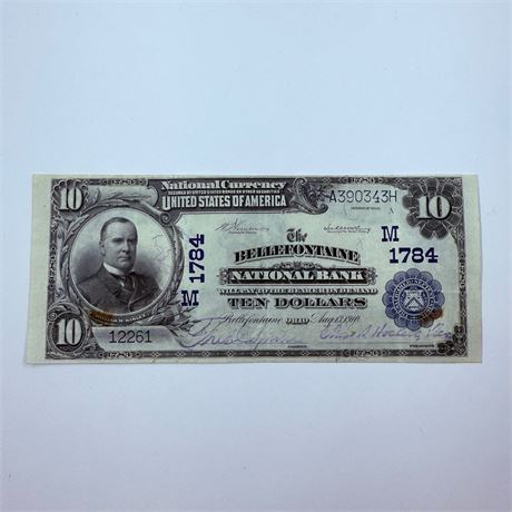 XF/AU 1902 $10 Bellefontaine Ntl Bank Ohio National Currency