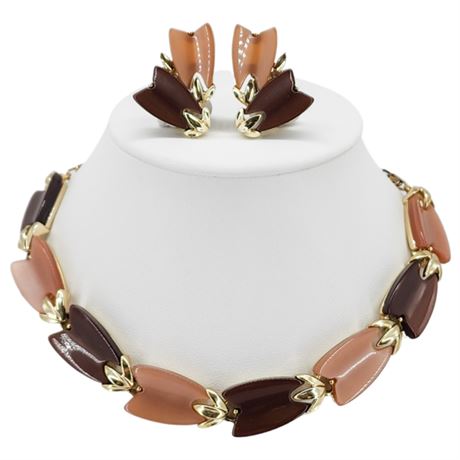 Vtg LISNER Mocha Moonglow Lucite Necklace & Clip Earrings Set