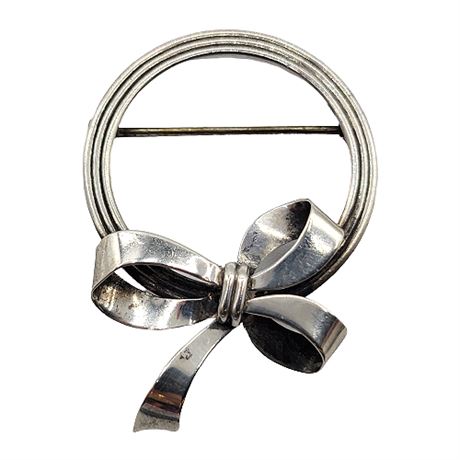 Vintage Sterling Silver Circle & Bow Brooch