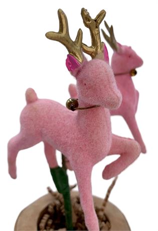 Pair of Made in Japan Flocked Pink Vintage Reindeer Wreath, Centerpiece, Picks