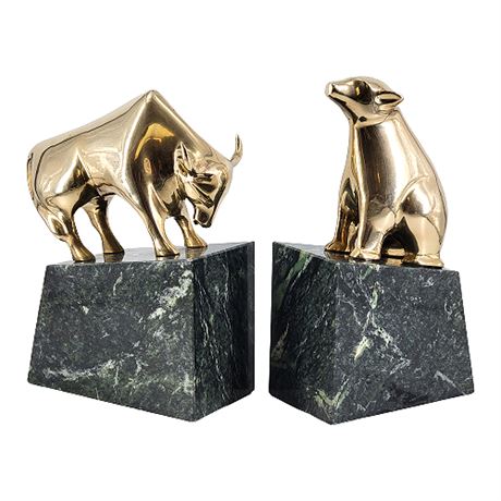 Art Deco Style Wall Street Bull & Bear Brass and Marble Bookends