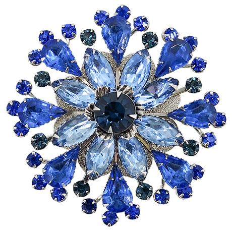 Vtg Prong Set Blue Rhinestone/Navette Flower Burst Brooch