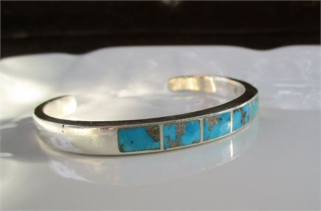 Southwest Sterling Silver Turquoise Inlay Cuff Bracelet Signed TAE