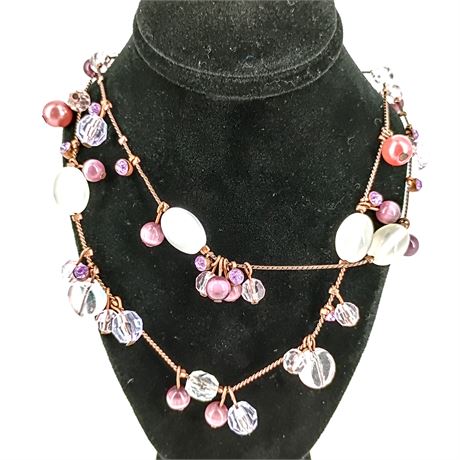 Multi-Strand Beaded Statement Necklace – Purple, Pink & Crystal Beads