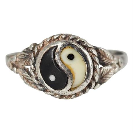 Vintage Sterling Silver Inlaid Yin-Yang Ring, Sz 7.5