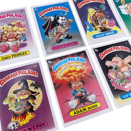9 UK Mini c1985 Garbage Pail Kids Collectors Cards: Adam Bomb, Nasty Nick