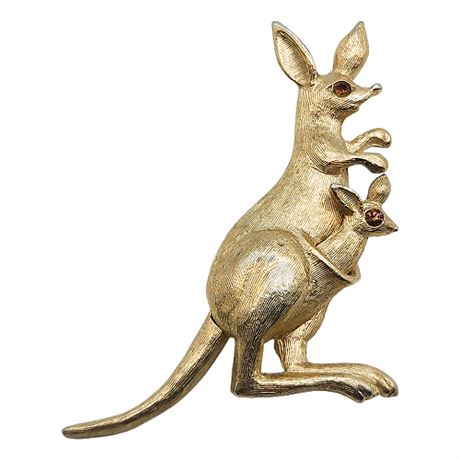 Vintage AVON Gold Tone Articulated Kangaroos Brooch w/ Rhinestone Eyes