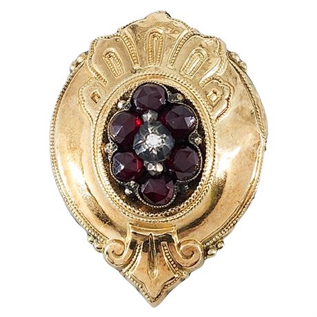Unmarked Victorian 10-14K Gold, Garnet & Diamond Brooch