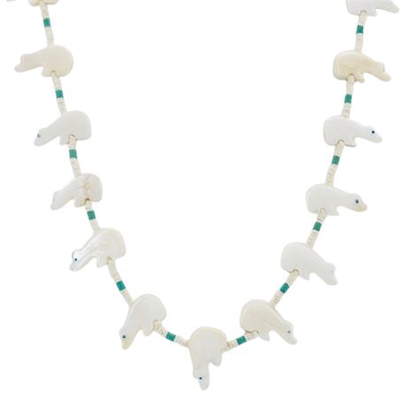 Vtg Zuni Carved Mother of Pearl Polar Bears Fetish Necklace w/ Sterling Silver