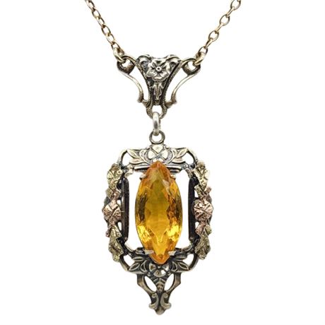 Signed Art Nouveau Sterling Silver & Gold Filled Crystal Pendant Necklace