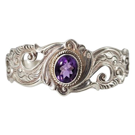 Victorian Revival Sterling Silver Amethyst Cuff Bracelet