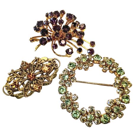 Vintage Gold-Tone Brooch Trio - Green, Purple, Amber Tone Rhinestones