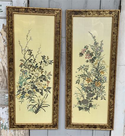 Pair MCM Oriental Floral Framed Artwork