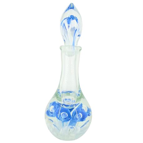 Murano-Style Art Glass Perfume Bottle, Blue and White Lampwork Roses Bullicante