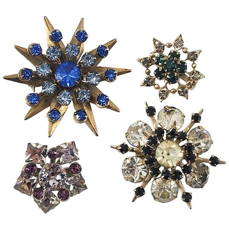 Four Vintage Rhinestone Burst Brooches
