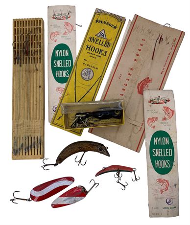 Vintage Fishing Tackle, Wood Lure, Hook Lot