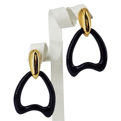 Vintage MONET Gold Tone Black Lucite Dangle Clip Earrings