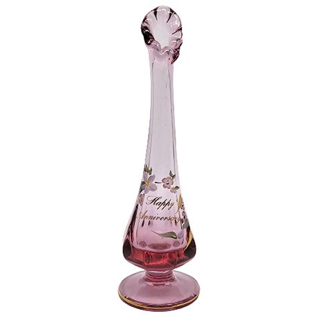 Fenton Hand Painted Happy Anniversary Cranberry 8" Swung Glass Vase
