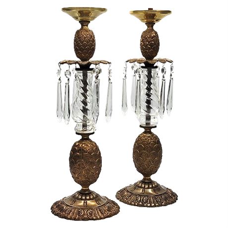 Pair Vintage Brass & Glass Prism Lamp Bases