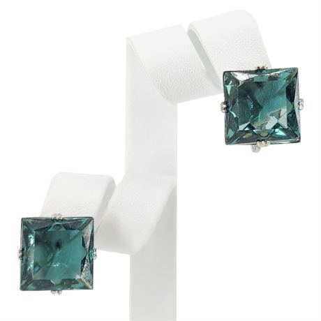 Vintage Sterling Silver Teal Glass Screwback Earrings, Flawed