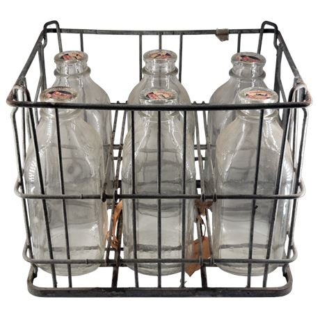 Vintage Dairy Products Glass Milk Bottles & Crate