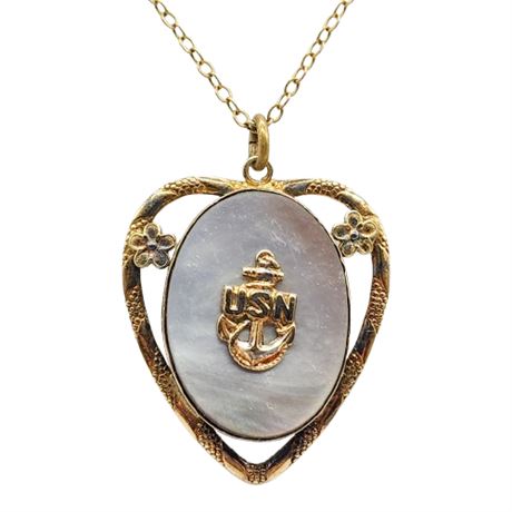 Signed Vintage Gold Filled Over Sterling Mother of Pearl USN Sweetheart Locket