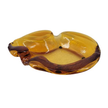 Mid Century Amber Glass Organic Form Ashtray