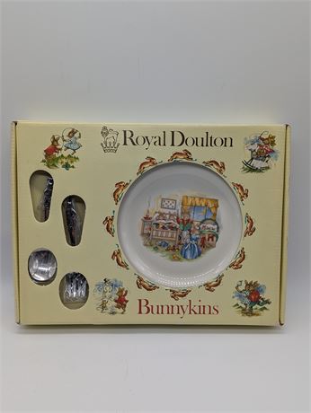 Royal Doulton Bunnykins Bedtime Plate 8" Spoon Fork W/Box Bunny Family