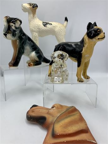 5 pc Vintage Dog Statue Lot with Glass Candy Container