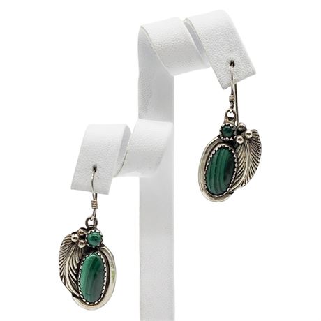 Signed Elgin Hoskey Navajo Sterling Silver Malachite Earrings