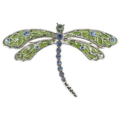 Modern Plique-à-Jour Enamel & Rhinestone Dragonfly Brooch