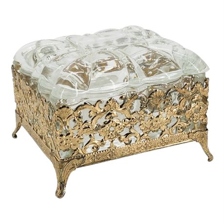 Mid-Century Hollywood Regency Glass & Metal Jewelry Box