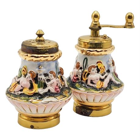 Vintage Capodimonte Porcelain & Brass Salt & Pepper Set