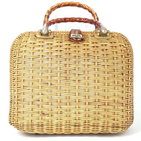 Vintage Wicker Handbag with Faux Tortoiseshell Lucite Handles