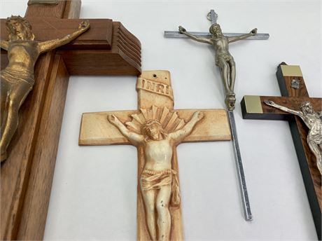 4 Religious Icons, Metal Christ on Cross Wall Crucifix & Last Rites Death Kit