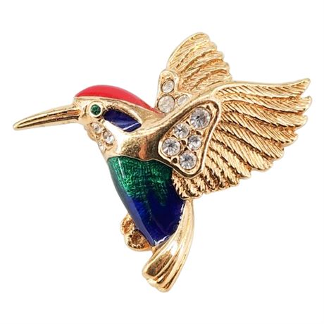 Vintage A&S Enamel & Rhinestone Hummingbird Brooch