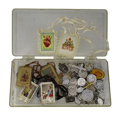 Box of Catholic Religious Medals & Scapulars