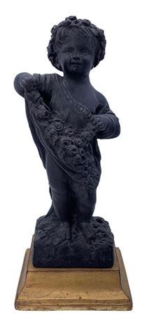 Italian Borghese Petite 9 1/2” Raven Black Chalkware Cherub Statue