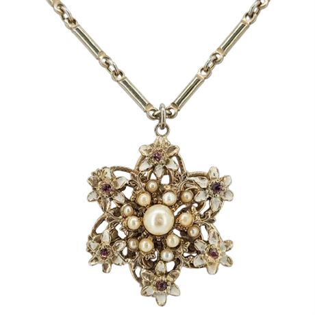 Vintage Enamel Flowers, Faux Pearls, & Pink Rhinestones Pendant Necklace