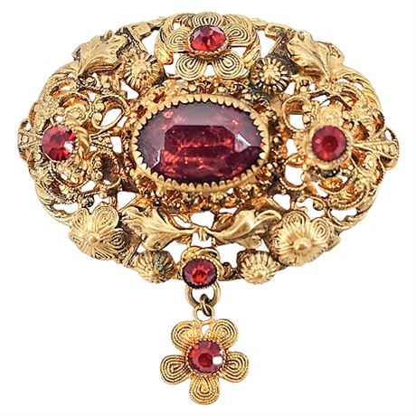 Vtg Victorian Revival Rhinestone Floral Filigree Brooch