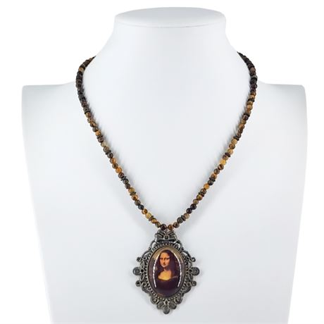 Vintage Mona Lisa Pendant on Tiger's Eye Beaded Necklace