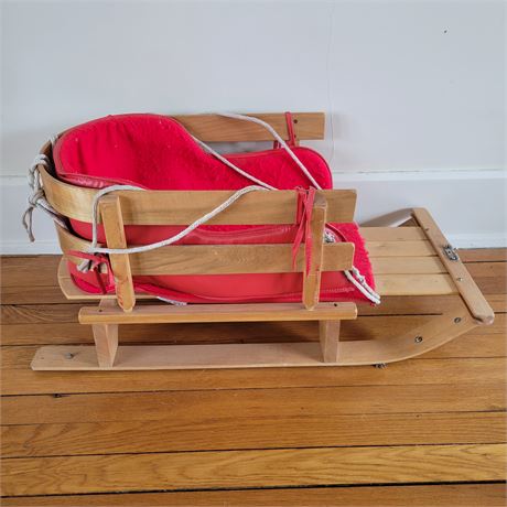 Wooden Baby Toddler Sled Pull Toboggan with Custom Red Cushion