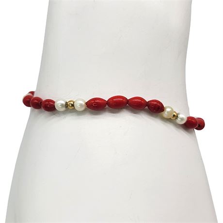 Red Coral, Pearl, 14K Gold Bracelet