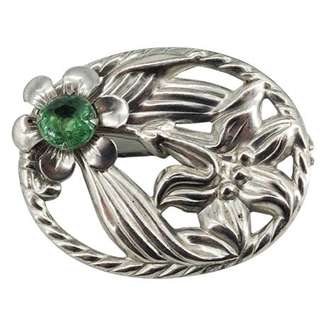 Vintage Floral Repoussé Brooch w/ Green Rhinestone Accent